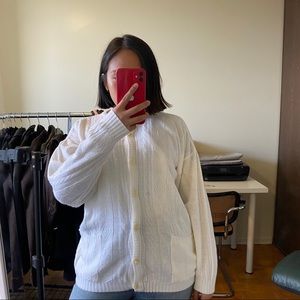 Crochet knit white button up cardigan